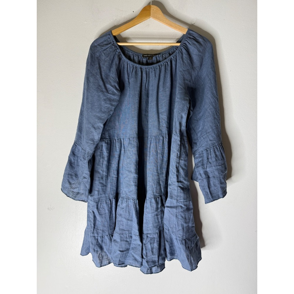 Saks Fifth Avenue blue linen tiered 3/4 sleeve peasant dress size‎ small
